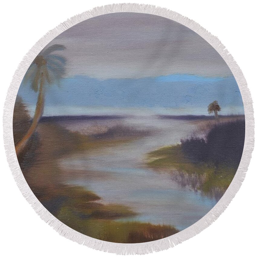 Across The Wetlands In Oil Round Beach Towel featuring the painting Across the Wetlands Oil by Warren Thompson