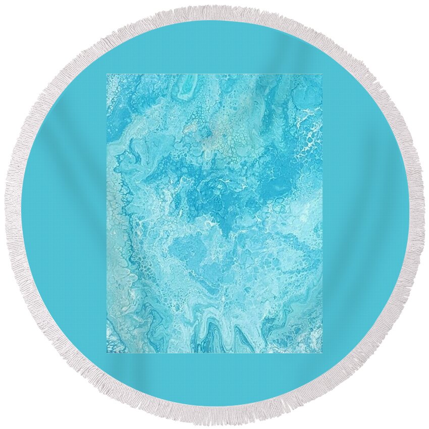 #acrylicdirtypour #abstractacrylics #abstractpainting #coolcolorart #coolart Round Beach Towel featuring the painting Acrylic Dirty Pour with Teals aquas and gold by Cynthia Silverman