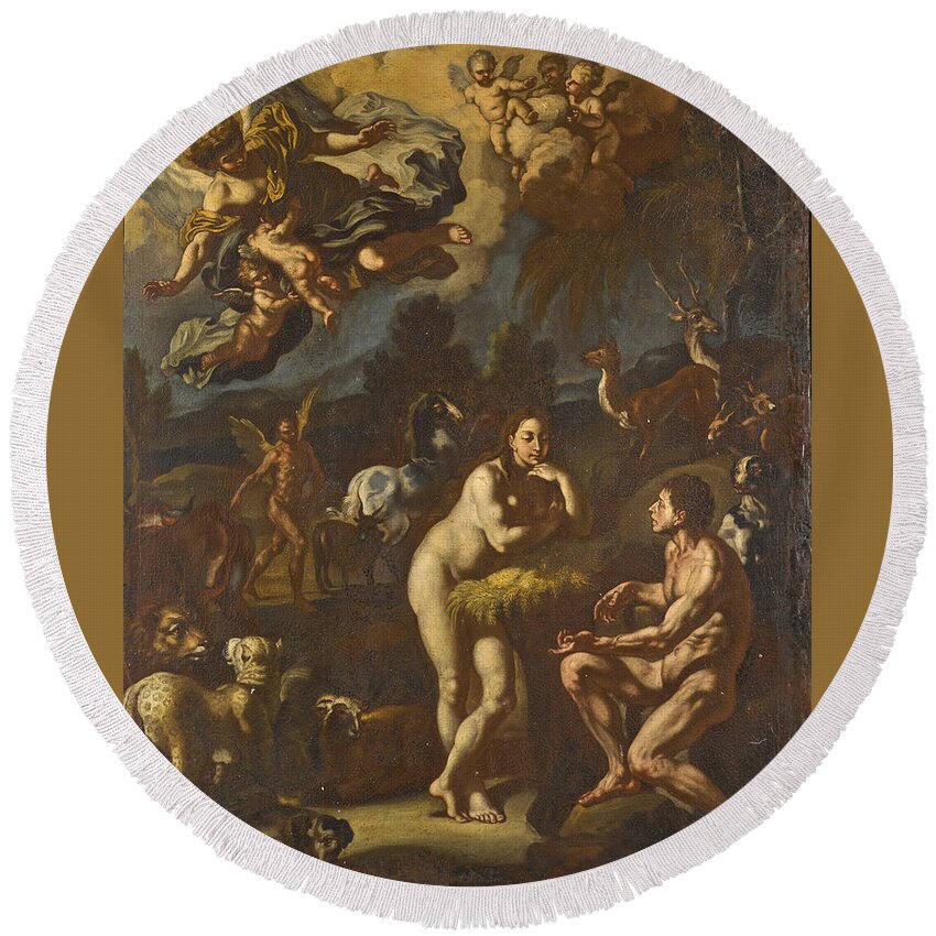 Follower Of Francesco Solimena Round Beach Towel featuring the painting Adam and Eve by Follower of Francesco Solimena