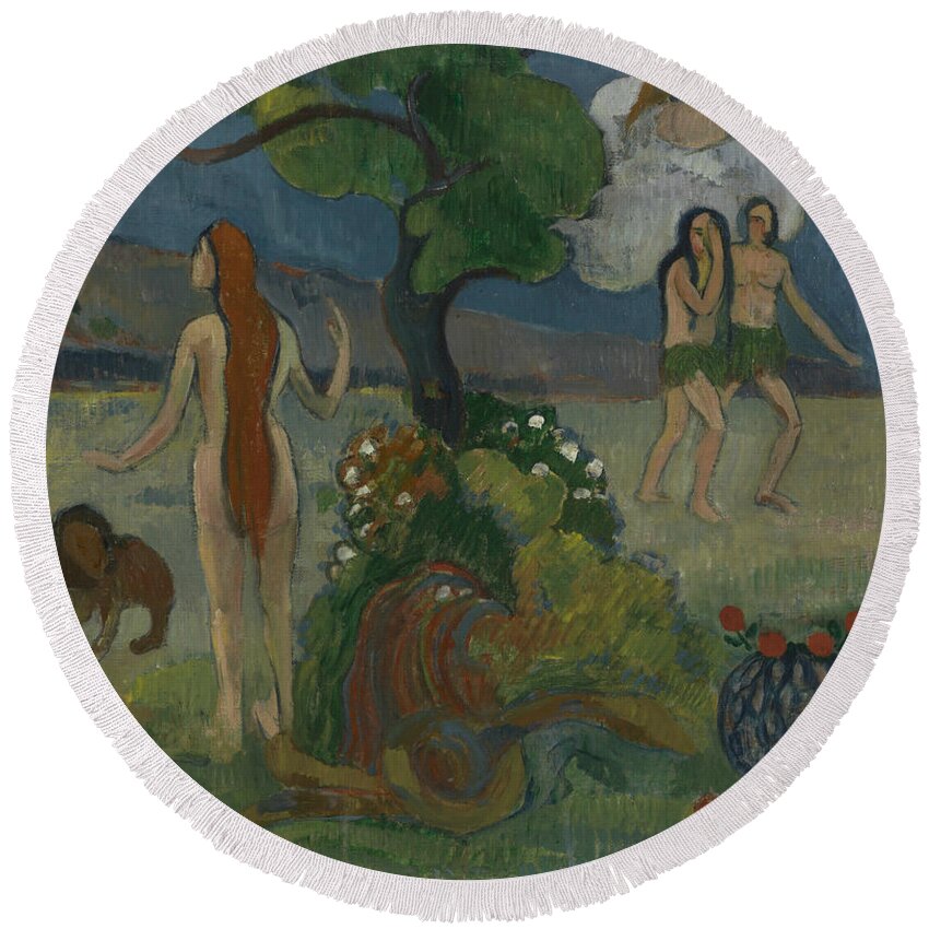 French Art Round Beach Towel featuring the painting Adam and Eve or Paradise Lost by Paul Gauguin