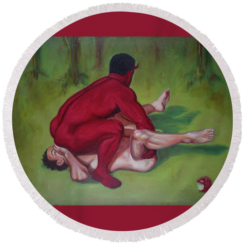 Erotic Round Beach Towel featuring the painting Adam Tastes The Apple by Alex Abel