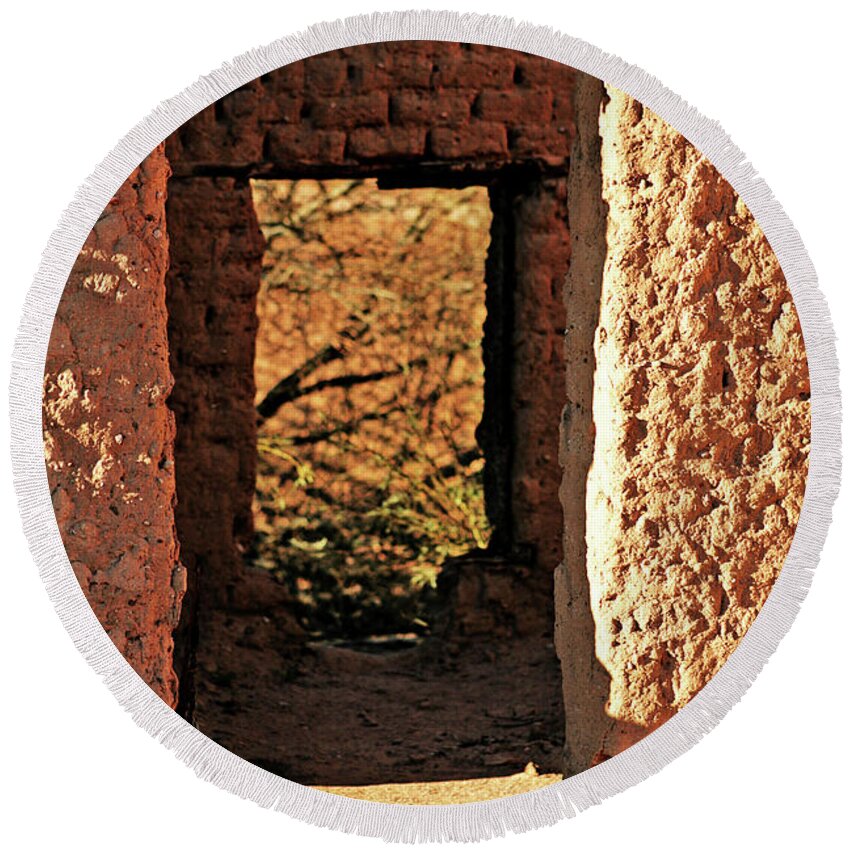 Doorway Round Beach Towel featuring the photograph Adobe Ruin by Charles Benavidez