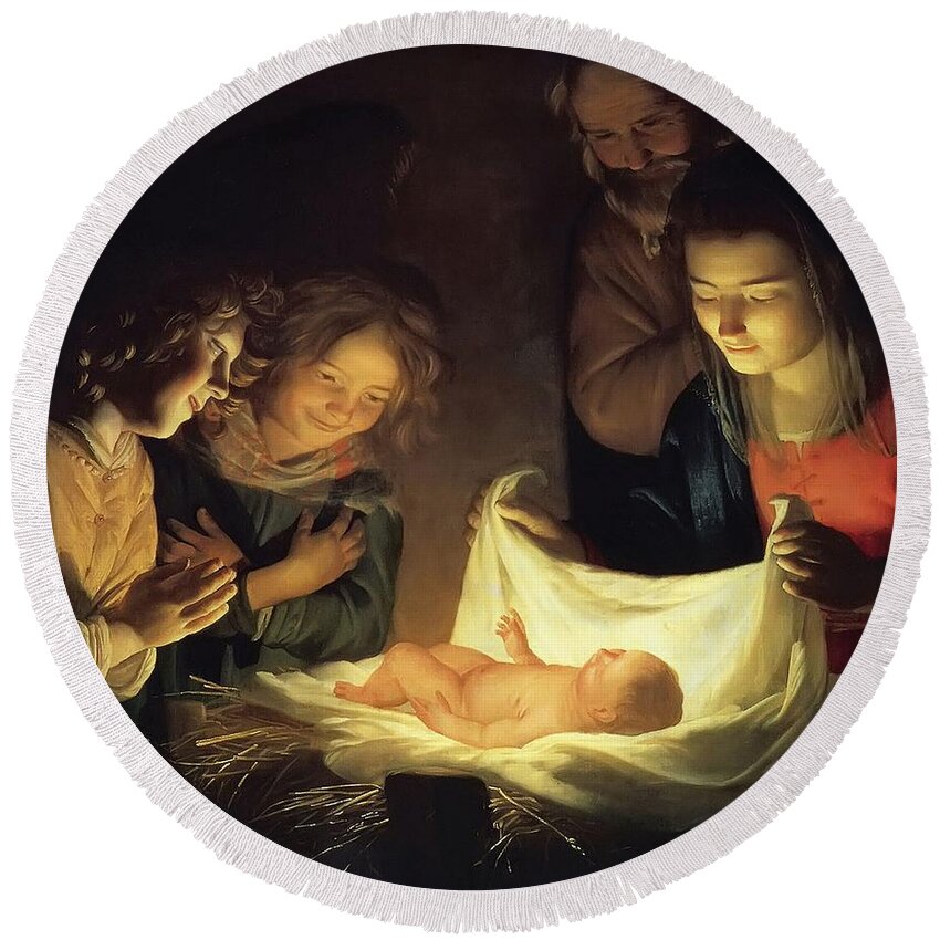Nativity Round Beach Towel featuring the painting Adoration of the Child #1 by Gerrit van Honthorst