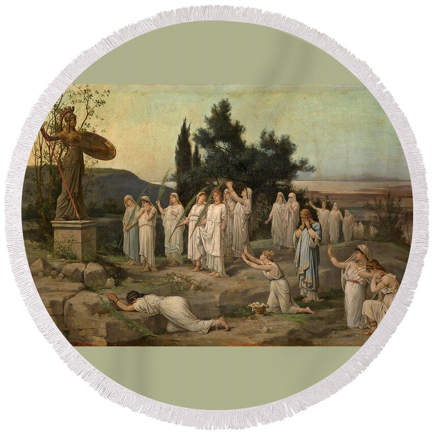 Louis Hector Leroux Round Beach Towel featuring the painting Adoration of the Goddess Pallas Athena by Louis Hector Leroux