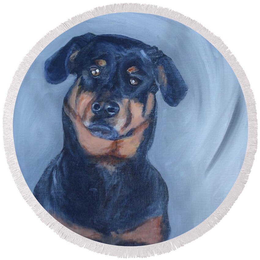 Rottweiler Round Beach Towel featuring the painting Adrian by Donna Tuten