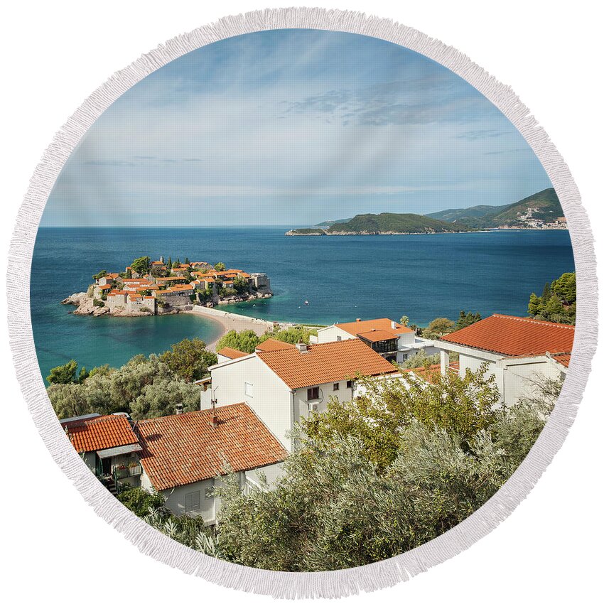 Sveti Stefan Round Beach Towel featuring the photograph Adriatic historic village of Sveti Stefan by Sophie McAulay