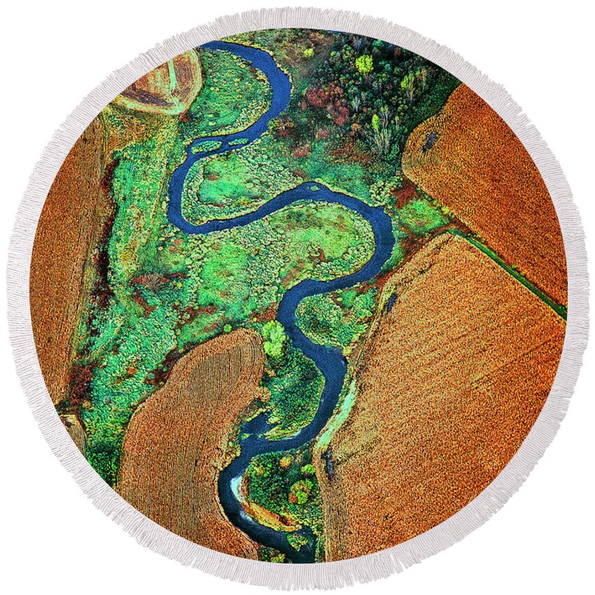Aerial Round Beach Towel featuring the photograph Aerial Farm Wet Lands Stream by Tom Jelen