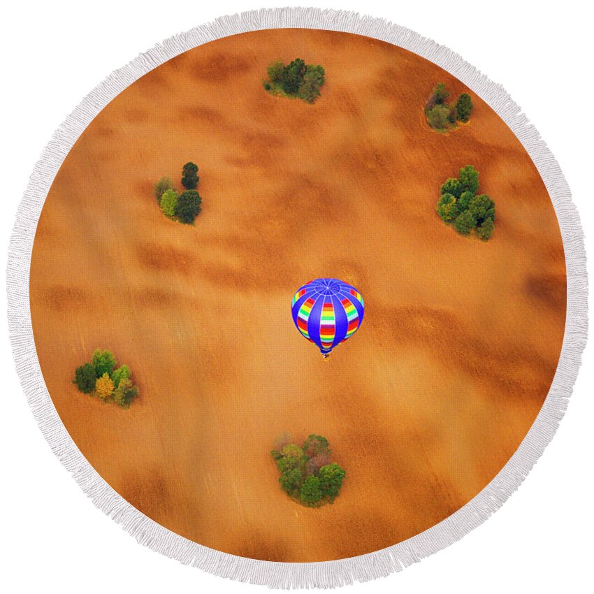  Aerial Round Beach Towel featuring the photograph Aerial of Hot Air Balloon above tilled field fall by Tom Jelen