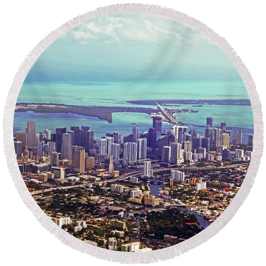 Miami Round Beach Towel featuring the photograph Aerial of the Miami Skyline Miami Florida FL by Toby McGuire