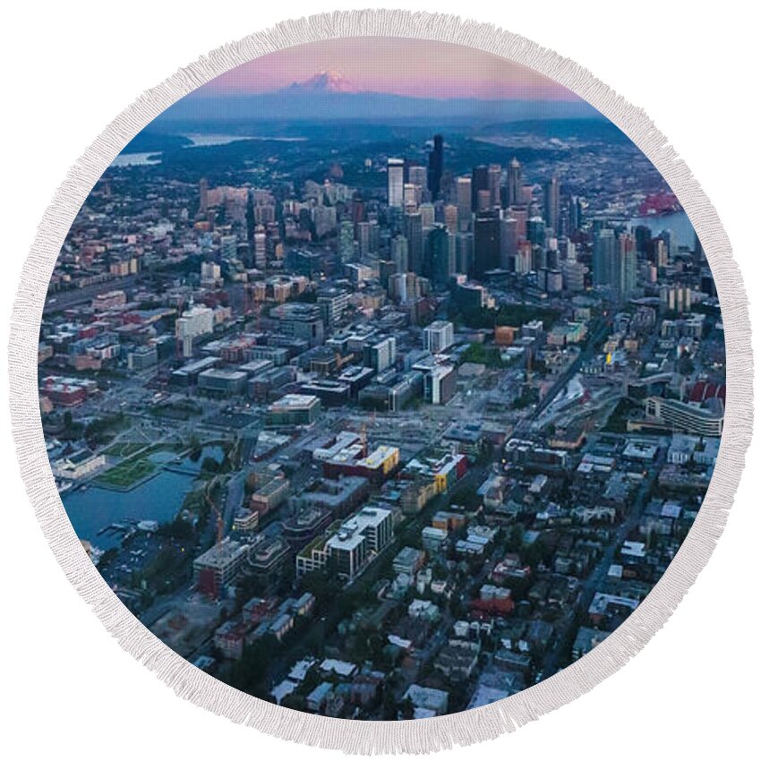 Seattle Round Beach Towel featuring the photograph Aerial Seattle Dusk Cityscape by Mike Reid