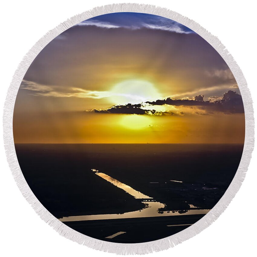 Aerial Round Beach Towel featuring the photograph Aerial Sunset Over Canal by Carolyn Marshall