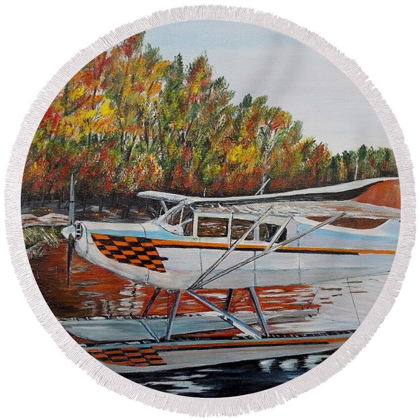 Aeronca Chief Float Plane Round Beach Towel featuring the painting Aeronca Super Chief 0290 by Marilyn McNish