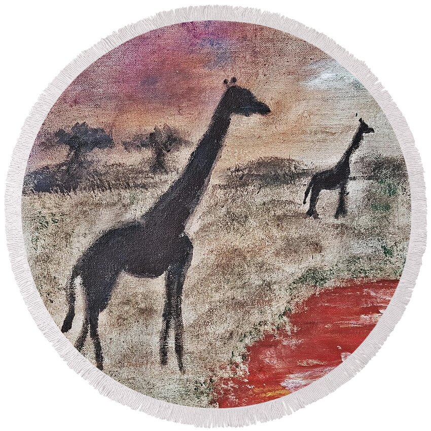 African Landscape Round Beach Towel featuring the painting African Landscape giraffe and banya tree at watering hole with mountain and sunset grasses shrubs sa by MendyZ