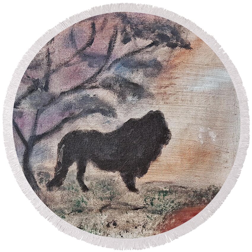 African Landscape Round Beach Towel featuring the painting African Landscape lion and banya tree at watering hole with mountain and sunset grasses shrubs safar by MendyZ
