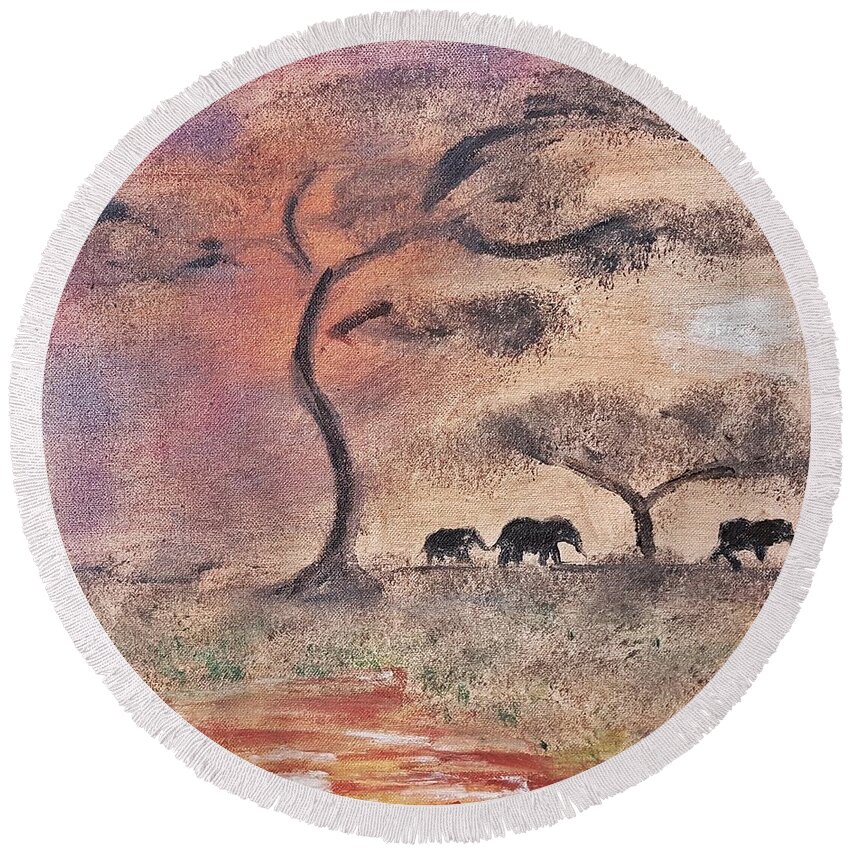 African Landscape Round Beach Towel featuring the painting African Landscape three elephants and banya tree at watering hole with mountain and sunset grasses s by MendyZ