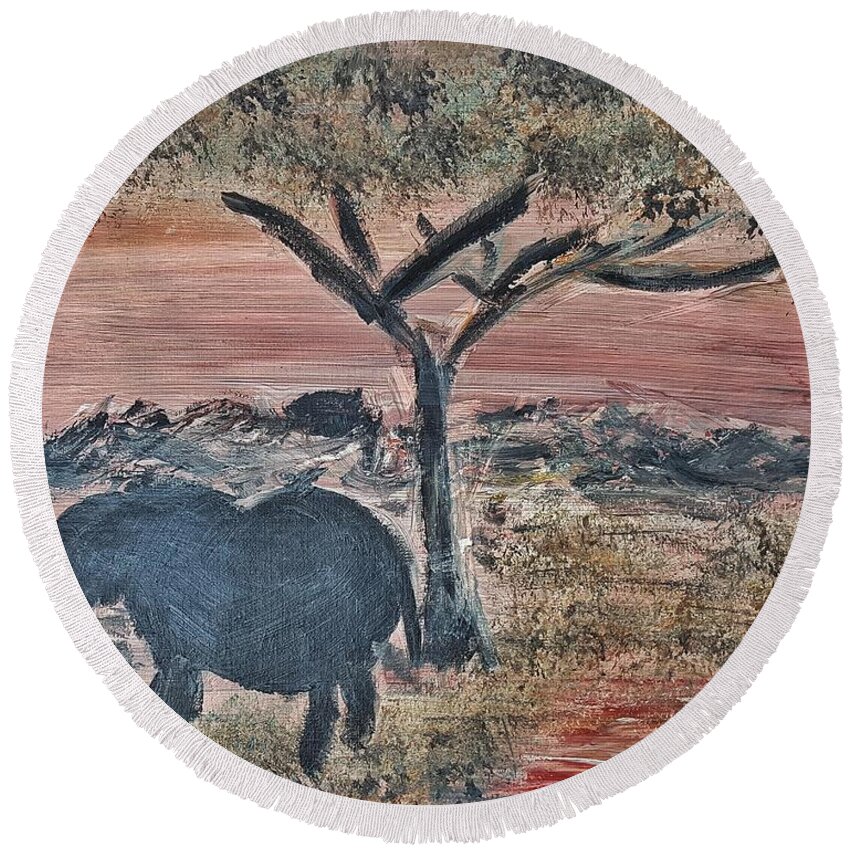 African Landscape Round Beach Towel featuring the painting African Landscape with elephant and banya tree at watering hole with mountain and sunset grasses shr by MendyZ