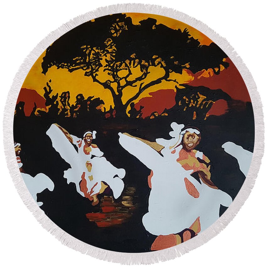 Afro Round Beach Towel featuring the painting Afro Carib Dance by Rachel Natalie Rawlins