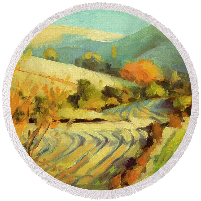 Country Round Beach Towel featuring the painting After Harvest by Steve Henderson
