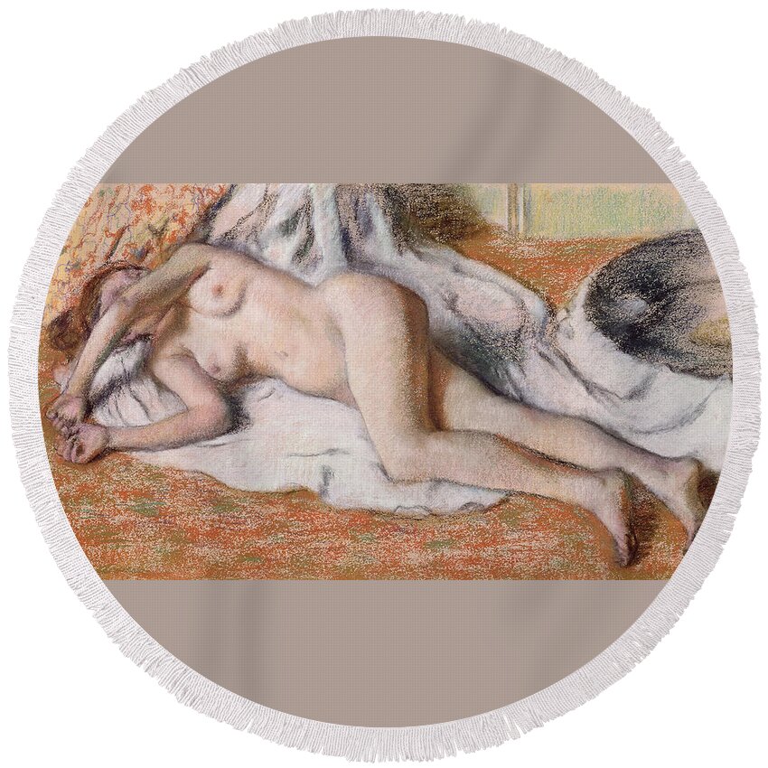 Edgar Degas Round Beach Towel featuring the drawing After the Bath or Reclining Nude by Edgar Degas