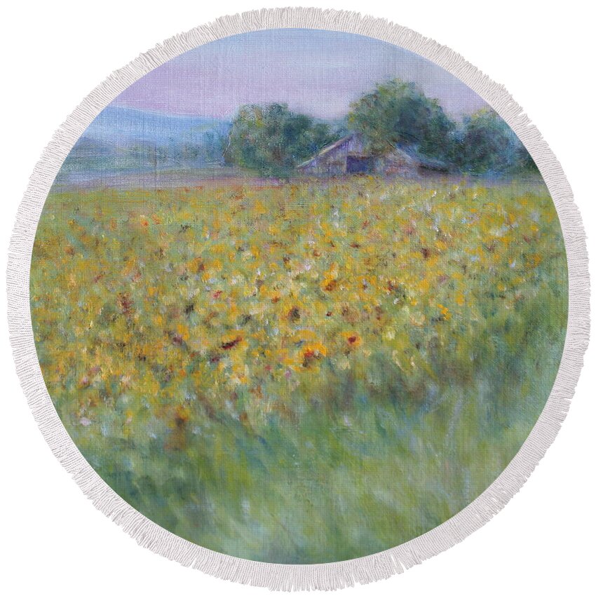 Blue Round Beach Towel featuring the painting Afternoon Amidst the Sunflowers by Quin Sweetman