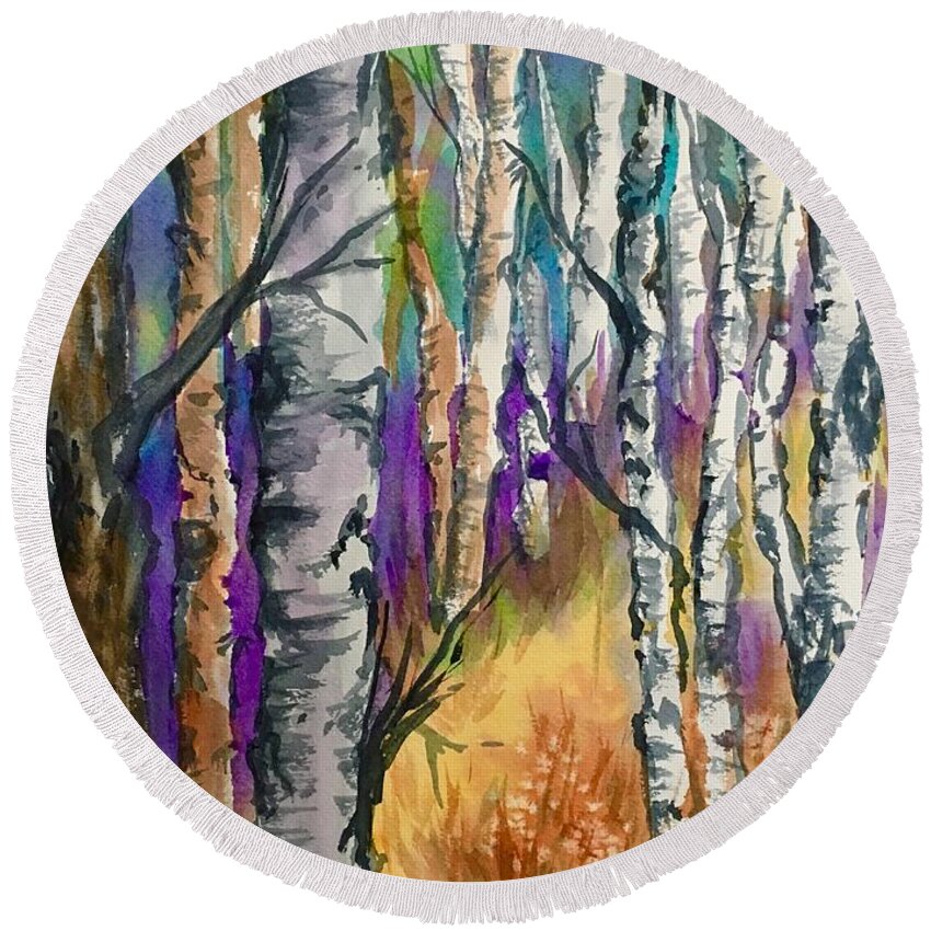 Birches Round Beach Towel featuring the painting Afternoon Among the Birches by Ellen Levinson