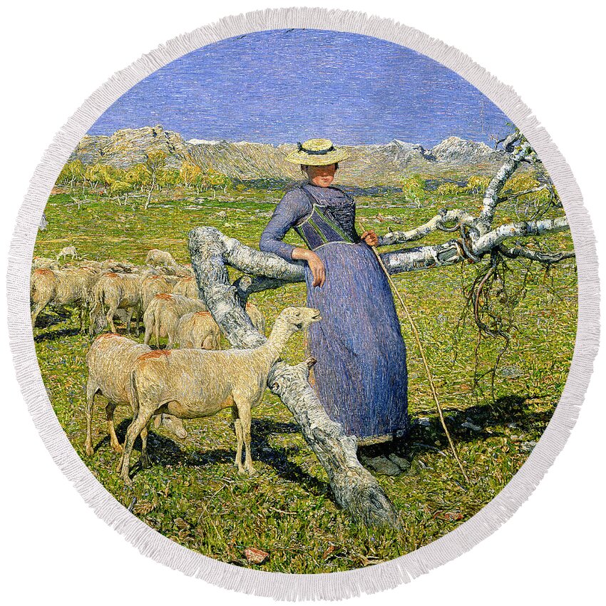 Afternoon In The Alps Round Beach Towel featuring the painting Afternoon in the Alps by Giovanni Segantini