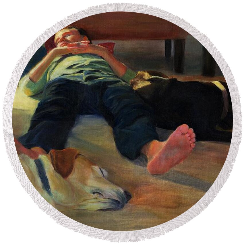 Figure Round Beach Towel featuring the painting Afternoon Slumber by Susan Hensel