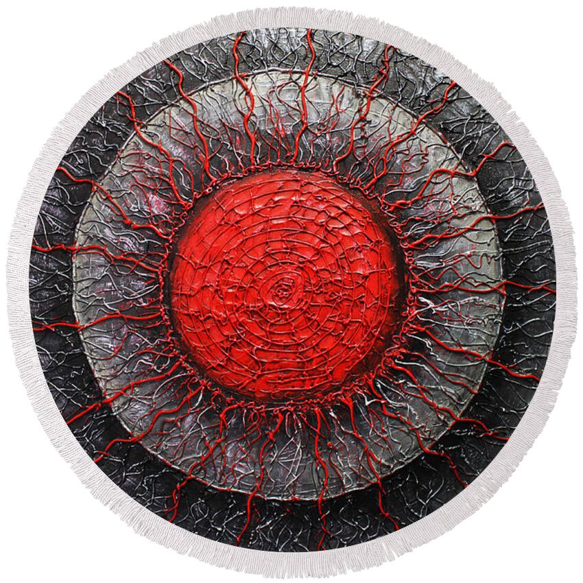 Red Abstract Art Print Round Beach Towel featuring the painting Red and Black Abstract by Patricia Lintner