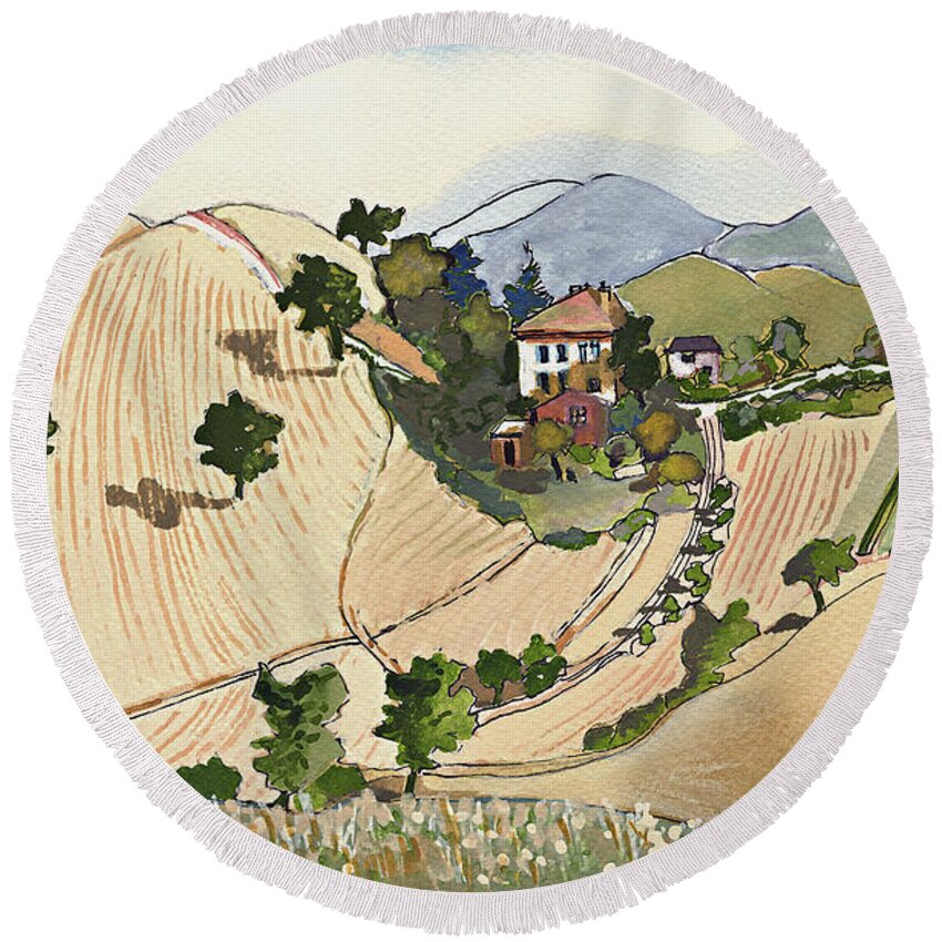 Italian Landscape Round Beach Towel featuring the painting Agricolo Mosaic - Frontino by Joan Cordell