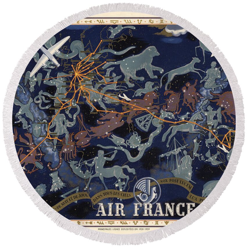 Air France Round Beach Towel featuring the drawing Air France - Illustrated Poster of the Constellations - Blue - Celestial Map - Celestial Atlas by Studio Grafiikka