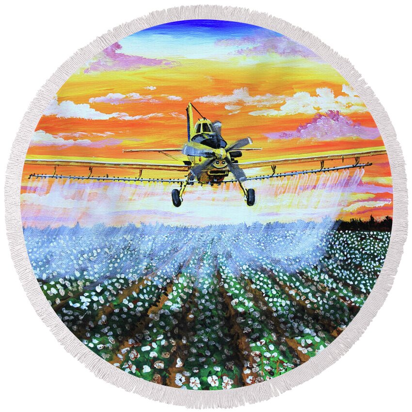 Air Tractor Round Beach Towel featuring the painting Air Tractor at Sunset Over Cotton by Karl Wagner