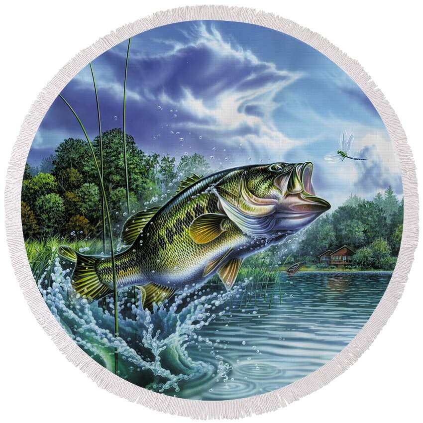 Airborne Bass Round Beach Towel featuring the painting Airborne Bass by JQ Licensing