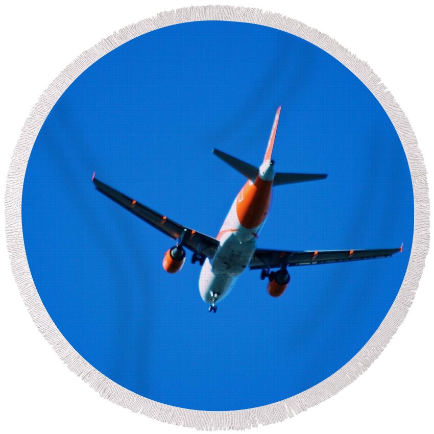 Airplane Round Beach Towel featuring the photograph Airplane Blue Sky by Eric Tressler