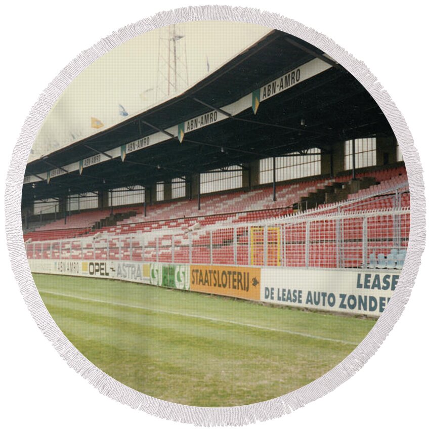 Ajax Round Beach Towel featuring the photograph Ajax Amsterdam - De Meer Stadion - North Side Grandstand 1 - April 1996 by Legendary Football Grounds