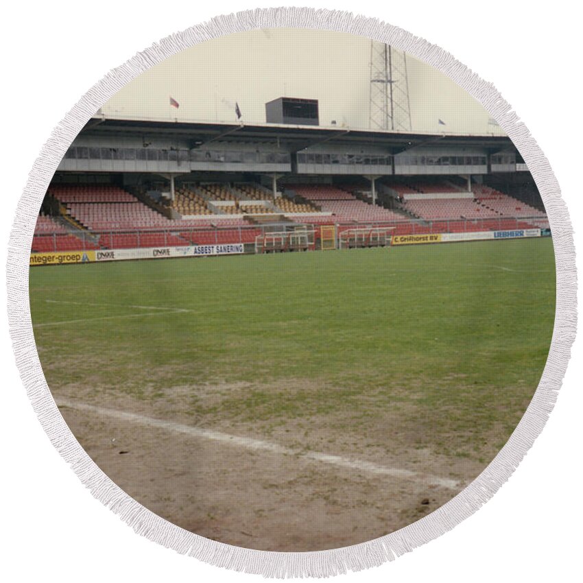 Ajax Round Beach Towel featuring the photograph Ajax Amsterdam - De Meer Stadion - South Side Main Grandstand 1 - April 1996 by Legendary Football Grounds