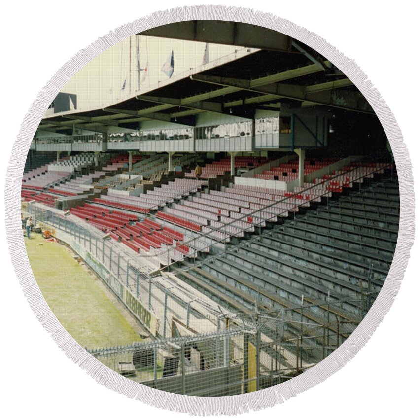 Ajax Round Beach Towel featuring the photograph Ajax Amsterdam - De Meer Stadion - South Side Main Grandstand 2 - April 1996 by Legendary Football Grounds