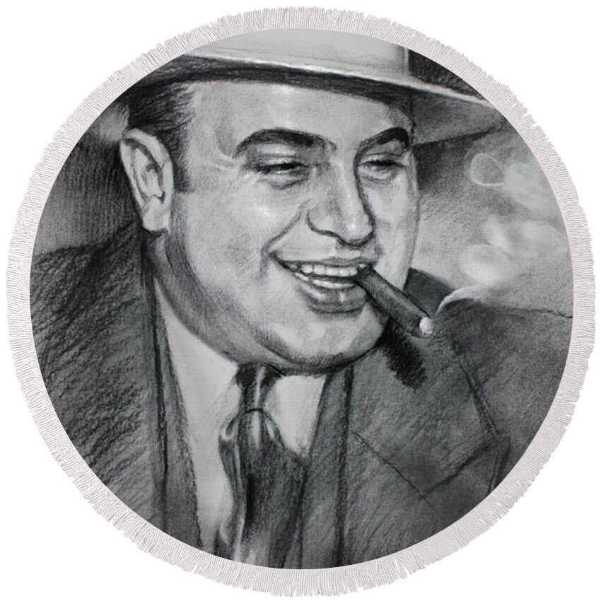 Al Capone Round Beach Towel featuring the drawing Al Capone by Ylli Haruni