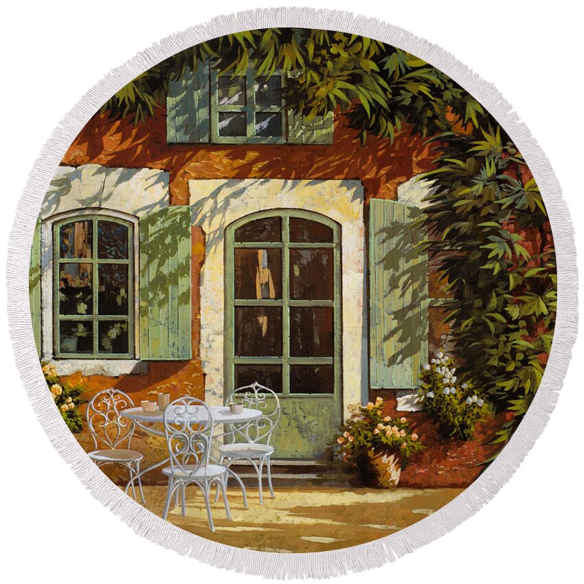 Landscape Round Beach Towel featuring the painting Al Fresco In Cortile by Guido Borelli