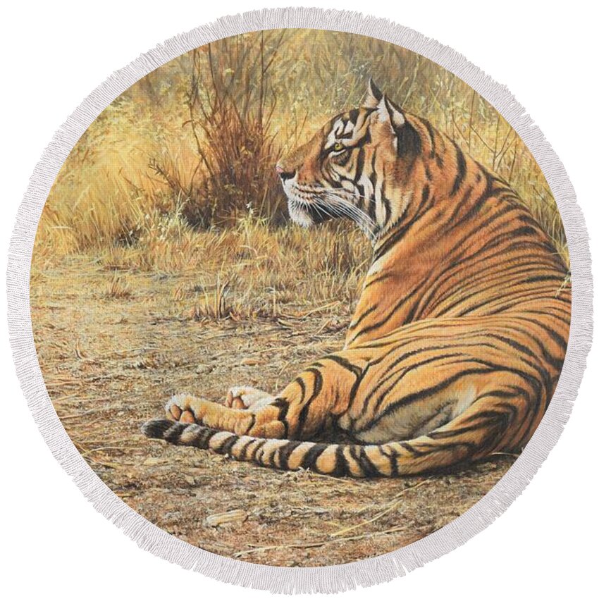 Wildlife Paintings Round Beach Towel featuring the photograph Alarm Call by Alan M Hunt