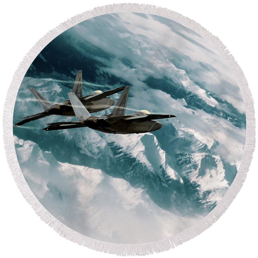 F-22 Round Beach Towel featuring the digital art Alaskan Raptors by Airpower Art