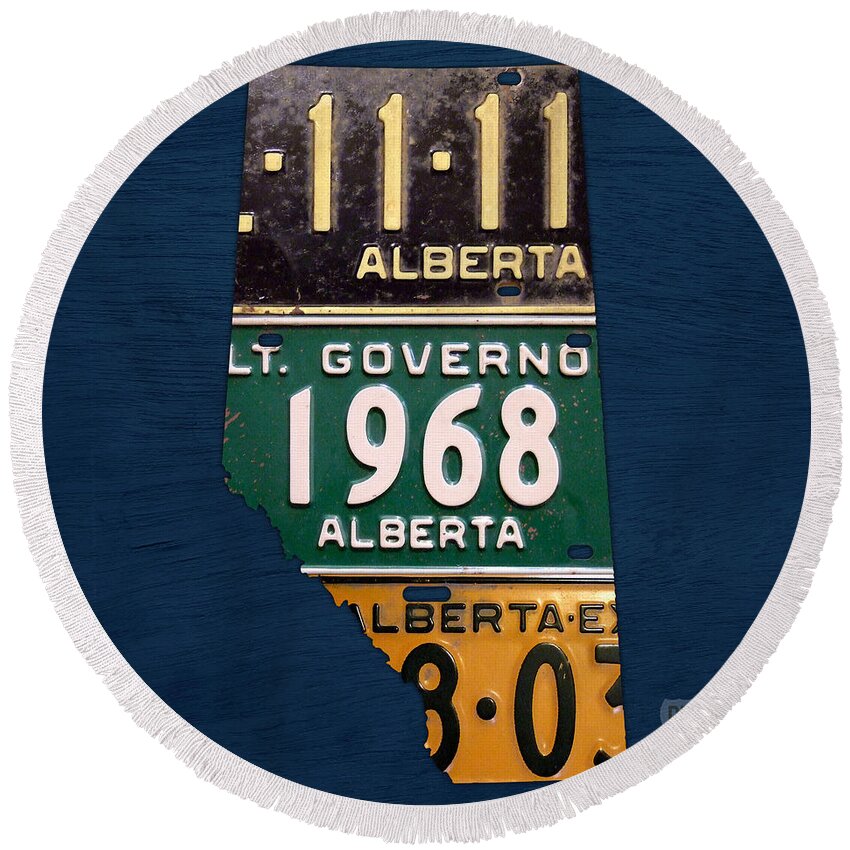 Alberta Round Beach Towel featuring the mixed media Alberta Canada Province Map Made from Recycled Vintage License Plates by Design Turnpike