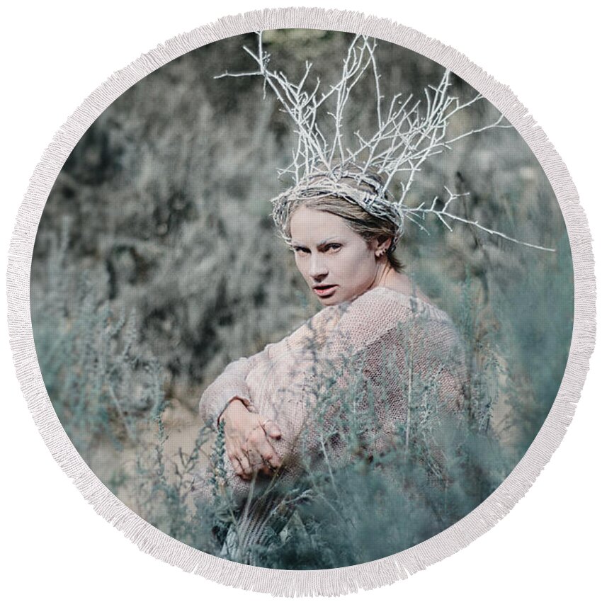 Woman Round Beach Towel featuring the photograph Albino in the Forest 1. Prickle Tenderness by Inna Mosina