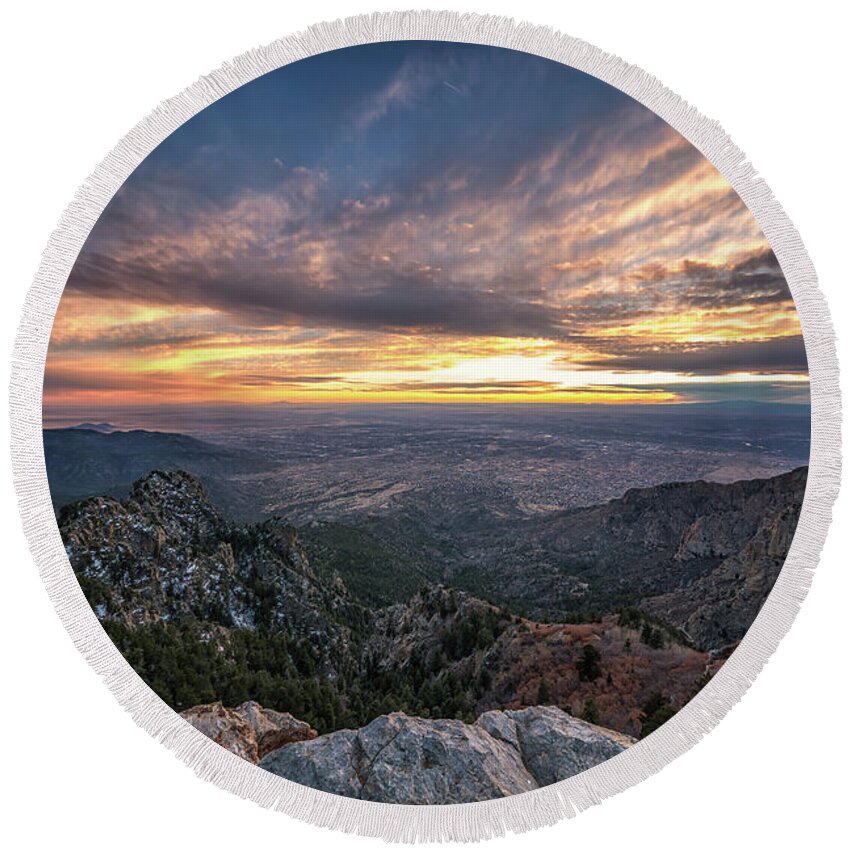 Albuquerque Round Beach Towel featuring the photograph Albuquerque Sunset by Framing Places