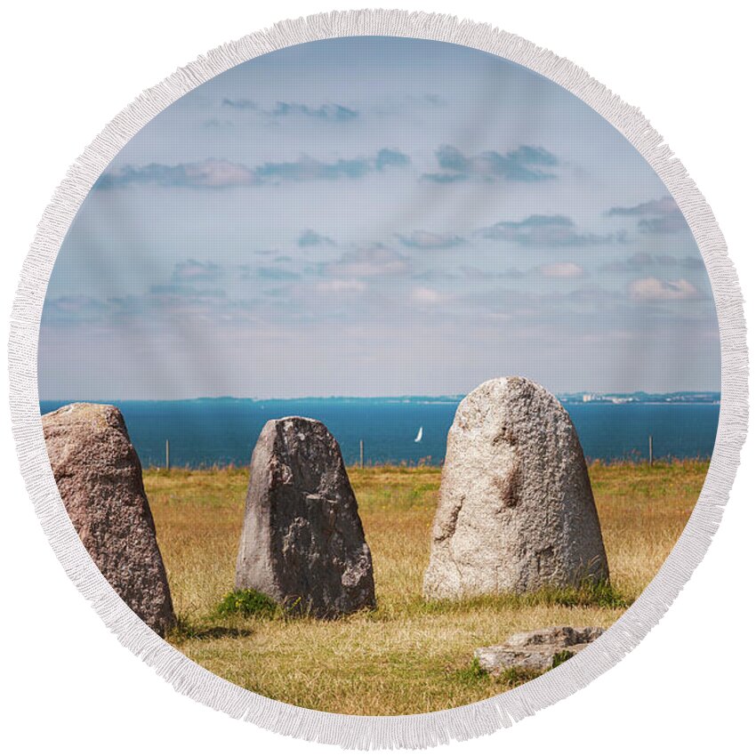 Megalithic Round Beach Towel featuring the photograph Ales megalithic standing stones by Sophie McAulay