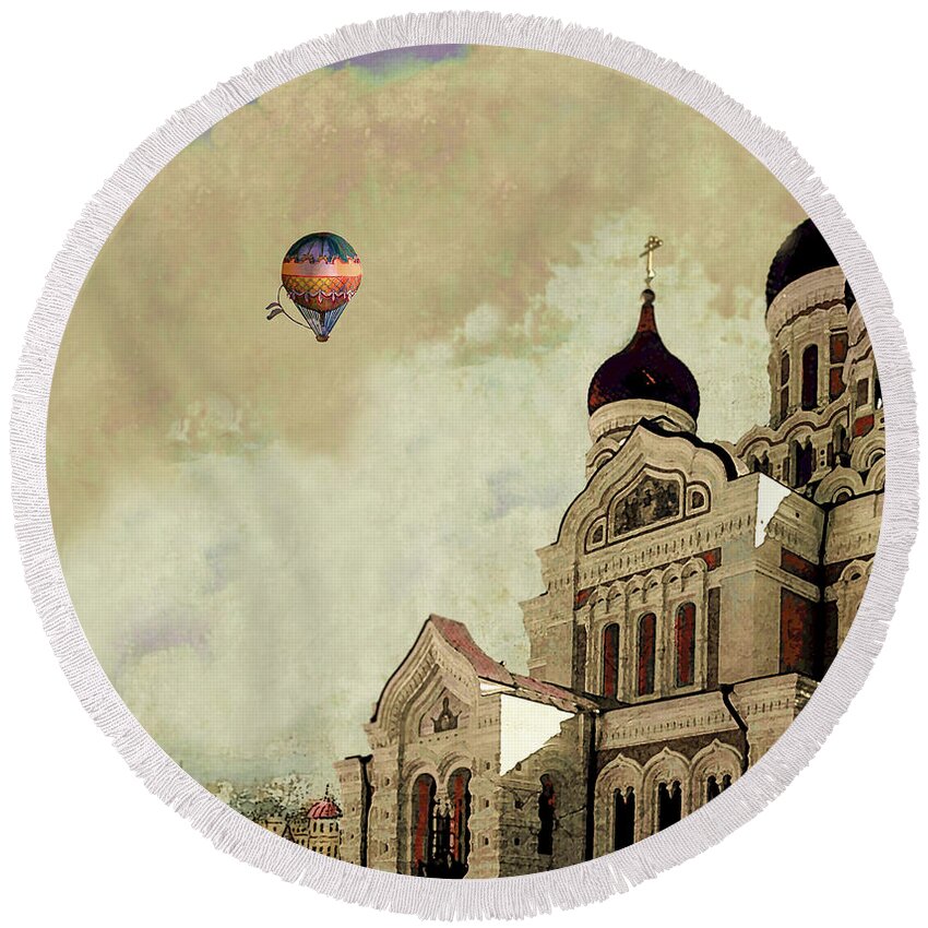 Tallin Round Beach Towel featuring the digital art Alexander Nevsky Cathedral in Tallin, Estonia, my memory. by Jeff Burgess