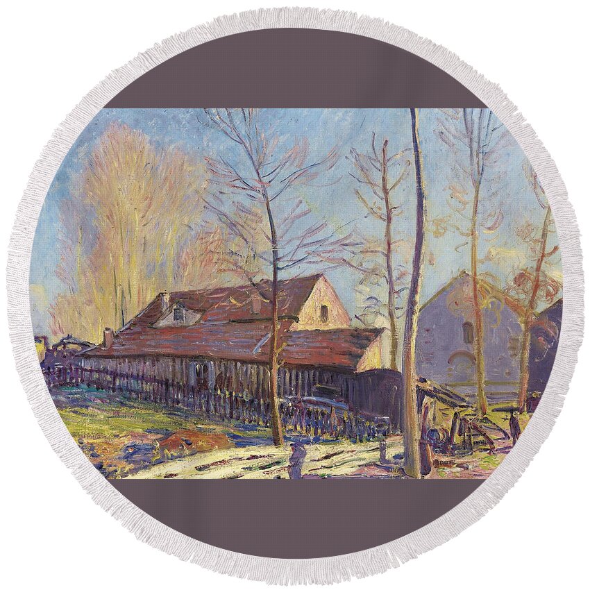 Alfred Sisley 1839 - 1899 Mills Moret Round Beach Towel featuring the painting Alfred Sisley 1839 - 1899 MILLS MORET, JELLY WHITE EFFECT OF EVENING by Alfred Sisley