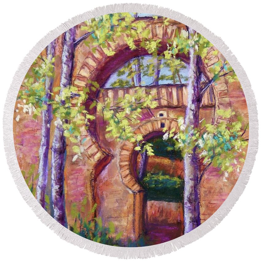Alhambra Landscape Round Beach Towel featuring the pastel Alhambra Gates by Candy Mayer
