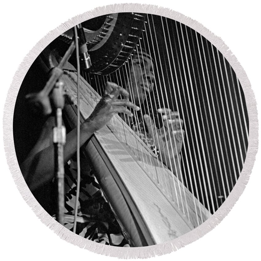 Coltrane Round Beach Towel featuring the photograph Alice Coltrane on Harp by Lee Santa