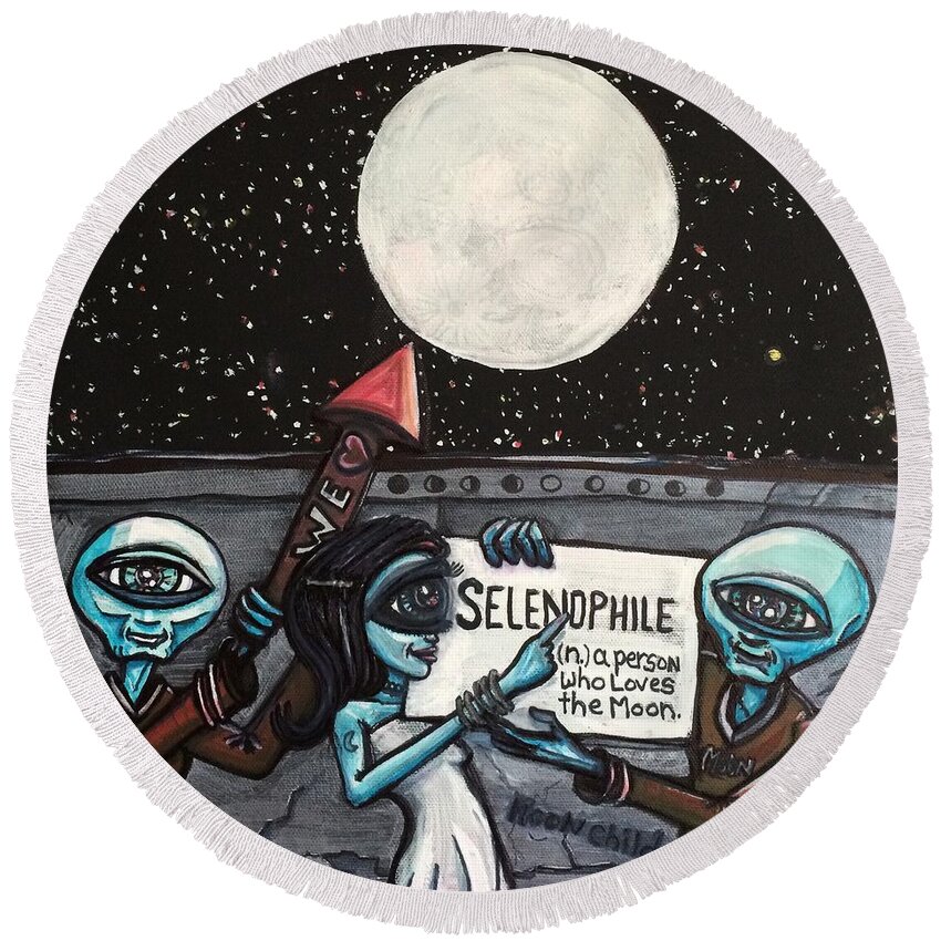Moon Round Beach Towel featuring the painting Alien Selenophiles by Similar Alien
