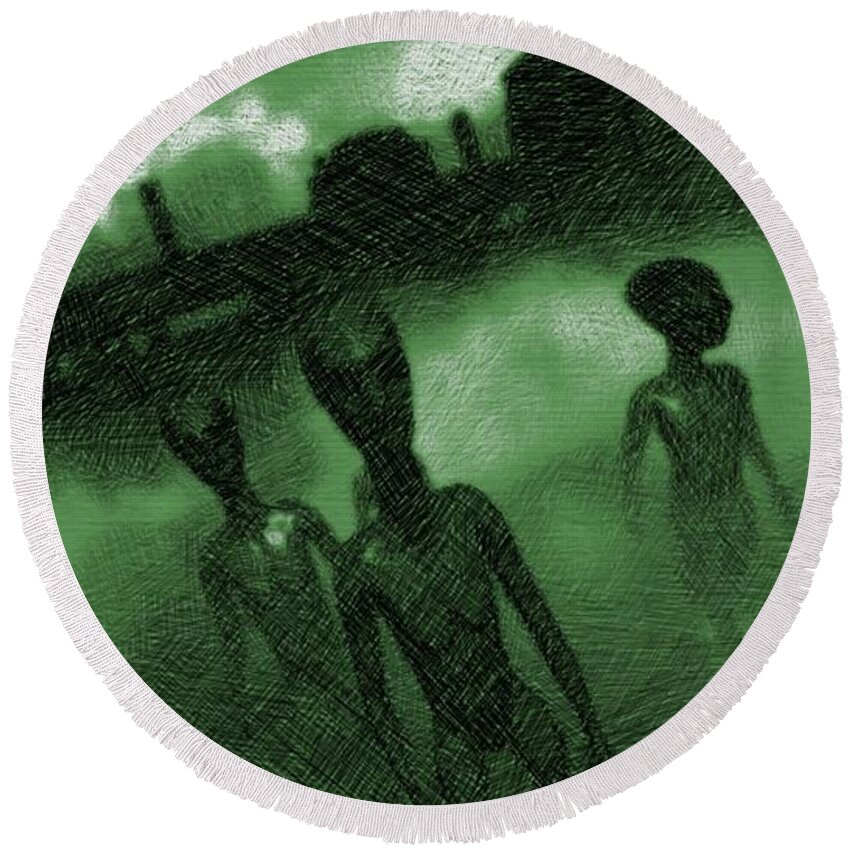Ufo Round Beach Towel featuring the drawing Aliens in Green Fog by Esoterica Art Agency
